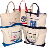 Natural 12 oz. Cotton Tote Bag with Colored Bottom and Zippered Side Pocket