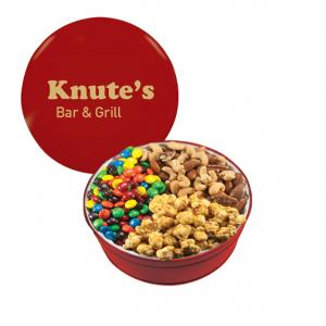 Metal Tin With Candy Coated Chocolate, Mixed Nuts, Caramel Popcorn