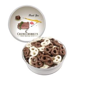 Metal Tin Filled With Chocolate Covered Mini Pretzels