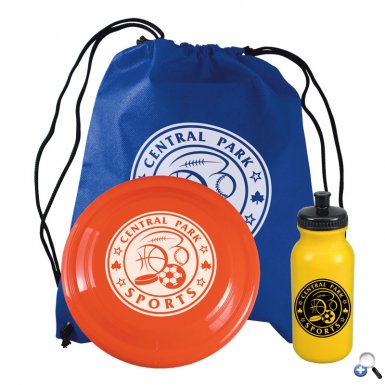Economy Three Piece Sports Kit with Non-Woven Drawstring, Bike Bottle, and Flyer