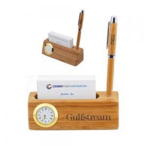 Natural Bamboo Business Card and Pen Holder with Clock