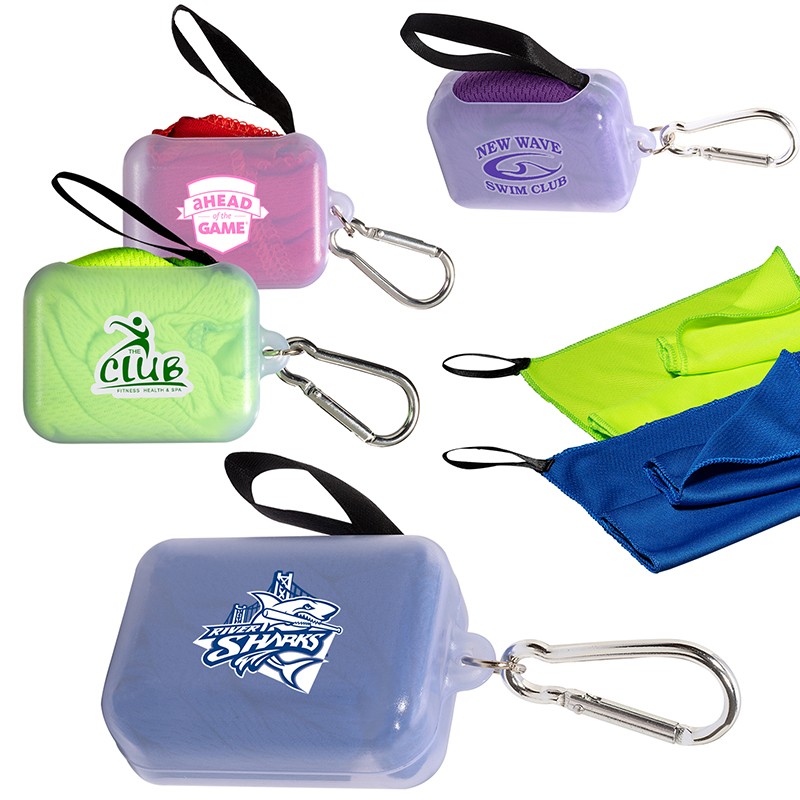 Custom Imprinted Cooling Towel in Carrying Case with Carabiner