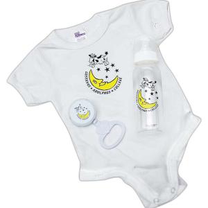 Imprinted Romper Gift Set  with Rattle and Log Baby Bottle